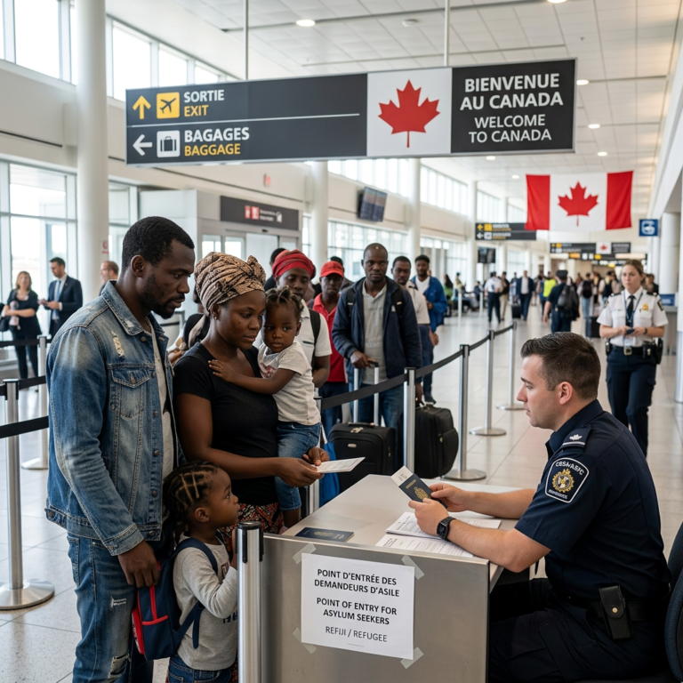 Family of asylum seekers presenting documents to Canadian border officer at airport