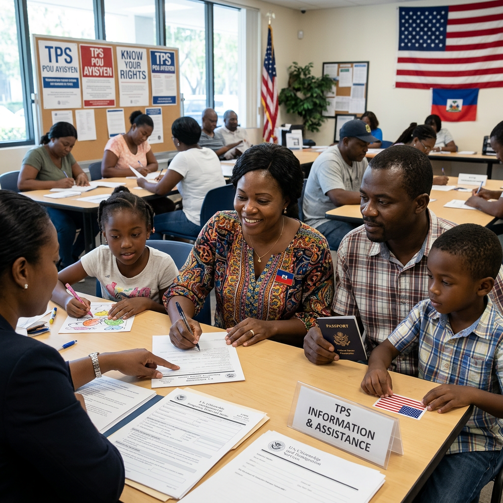 A family receiving Temporary Protected Status assistance at a help desk