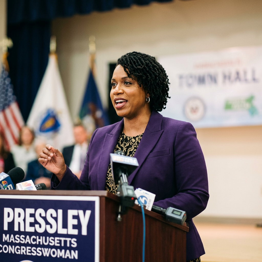 Congresswoman Pressley speaking at a podium with microphones at a Massachusetts town hall event