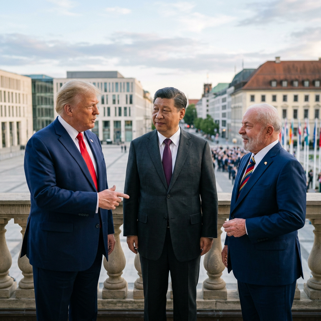 Three men in formal suits talking on a balcony with buildings and flags in the background